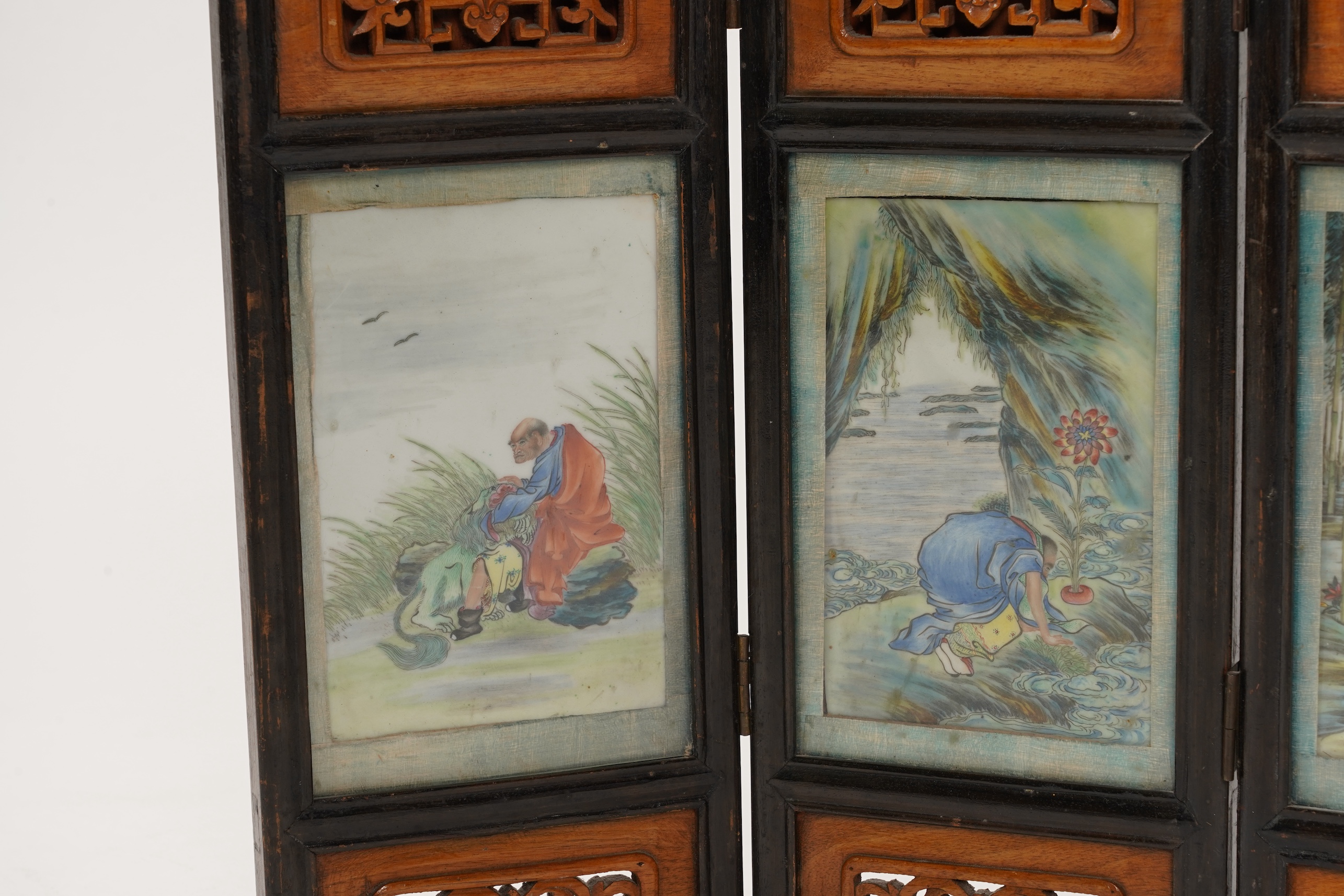 A Chinese porcelain plaque inset four fold table screen, Republic period
